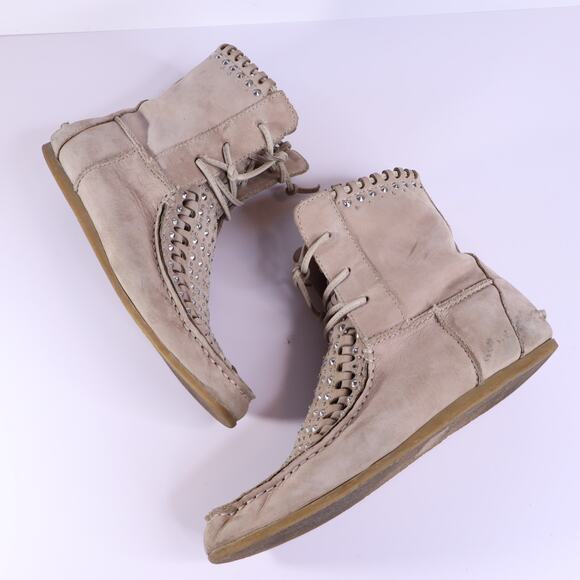 SAM EDELMAN Katelyn Studded Moccasin Ankle Boots Putty Lace Up Women's 7.5M - Picture 5 of 9